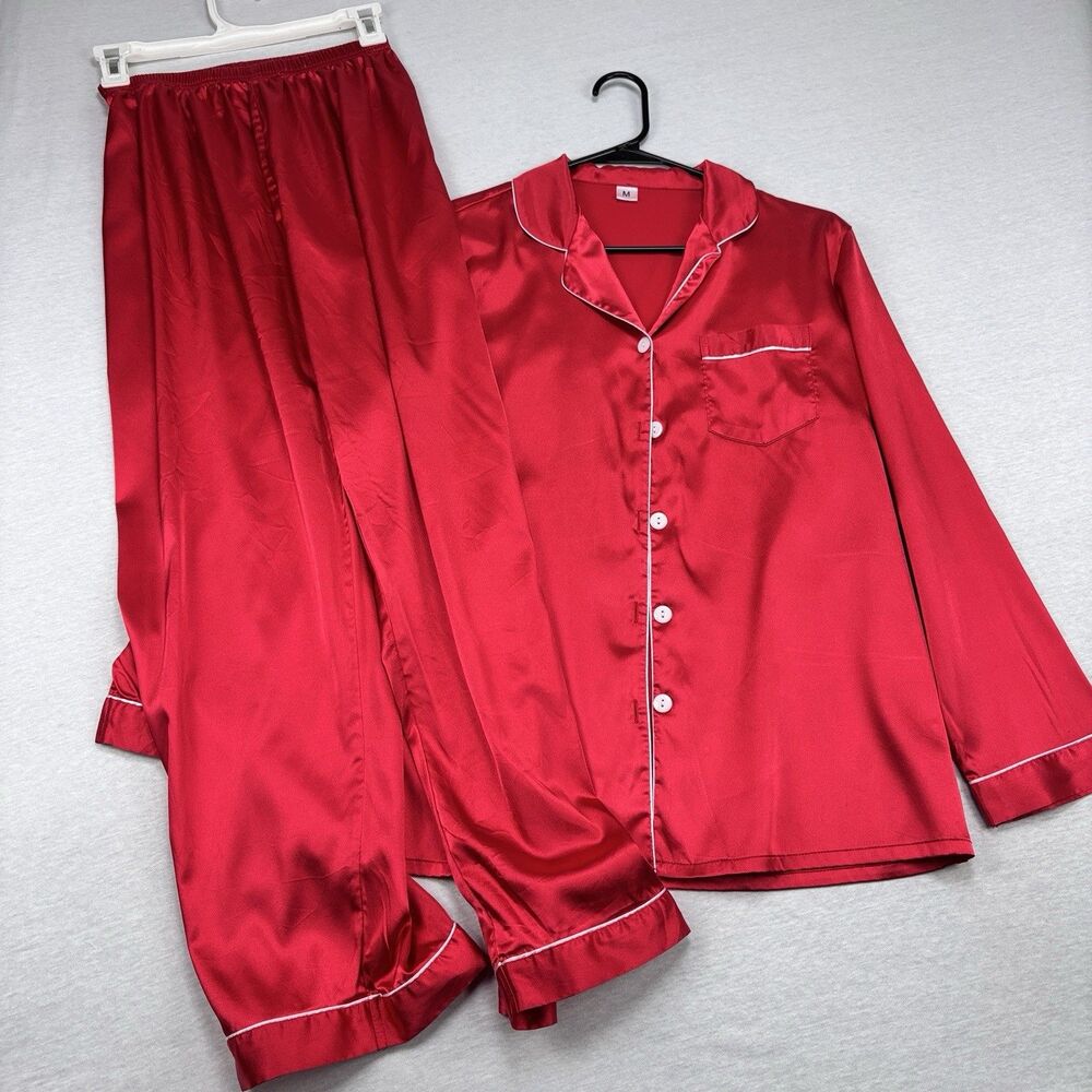Red Satin Pajama Set M 2 Piece Long Sleeve Button Top Pants White Piping